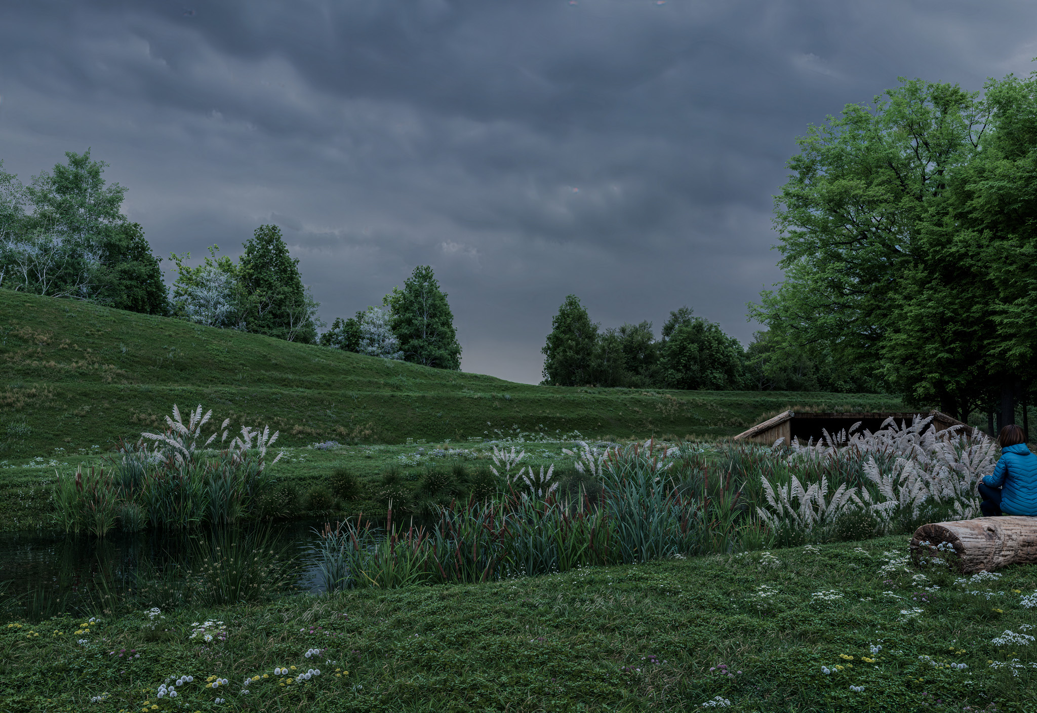 atmospheric landscape render of Havnsø Climate Park, land art shaped from surplus soil